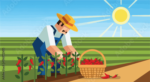 A flat illustration of a farmer wearing a straw hat harvesting red chili peppers
