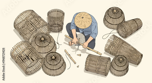 A craftsman in a straw hat sits surrounded by handmade woven bamboo fish traps