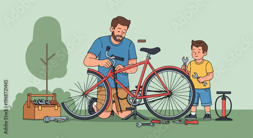 A father and young son repairing a red bicycle together in a park setting area