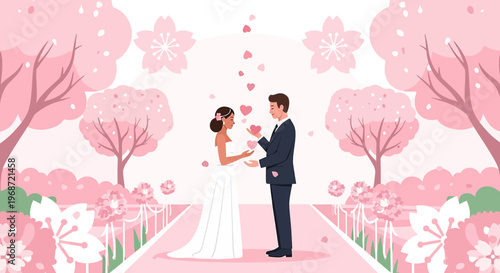 Wedding Couple in Cherry Blossom Garden with Hearts Floating