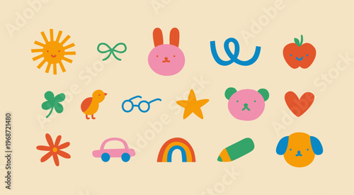 Colorful funny children doodle icon set. Cute happy kid drawing symbol collection, diverse education concept illustration bundle. Hand drawn diverse graphic elements. Includes dog, apple, rainbow.