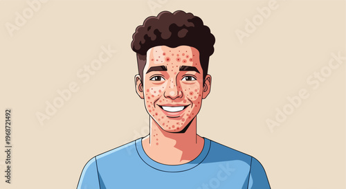 A stylized cartoon portrait of a smiling young man with acne on his facial skin