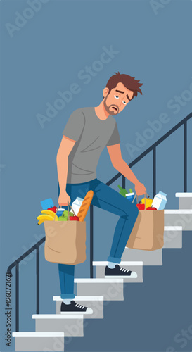A tired man walking down the stairs while carrying heavy bags full of groceries