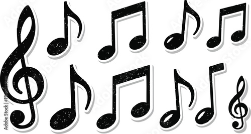 Black textured musical note silhouette stickers with shadows
