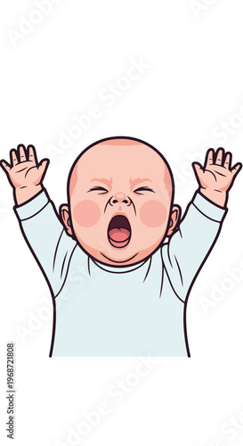 A stylized illustration of a baby yawning with arms raised high against white