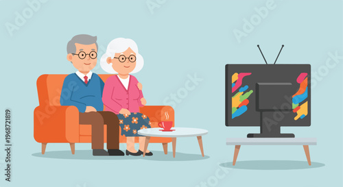 An elderly couple sitting on a couch together watching television in a room