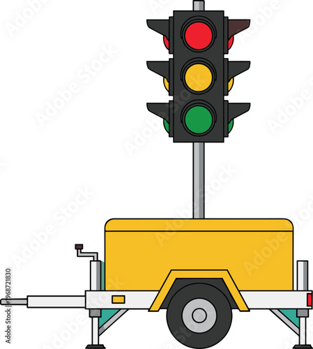 Vector illustration of portable traffic light on trailer used for temporary road control, construction sites, safety signals, and transportation management