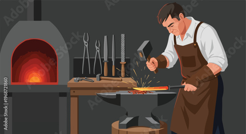 A blacksmith forging a glowing metal blade on an anvil in a dark workshop