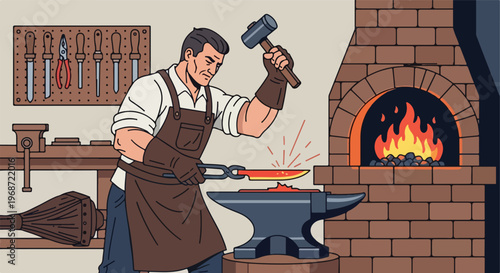 A blacksmith in an apron hammers a glowing metal blade on an anvil in a shop