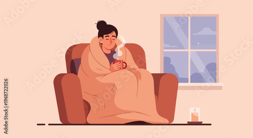 A woman wrapped in a warm blanket holding a steaming mug in a cozy armchair