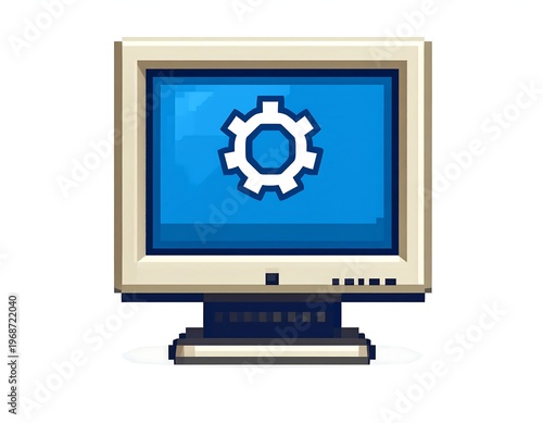 Pixelated retro computer monitor with settings gear