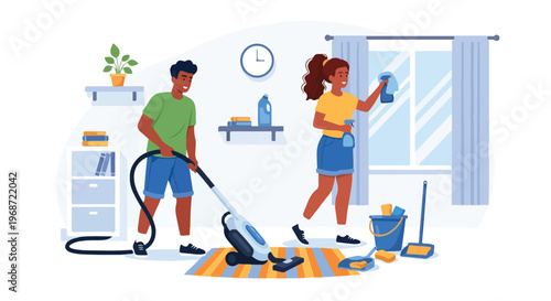 A man vacuuming a rug while a woman cleans the window in a bright living room