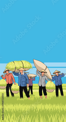 Several laborers carry harvested crops across a vibrant green rice field landscape