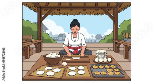 A woman in traditional clothing prepares dough on a table in a rustic pavilion