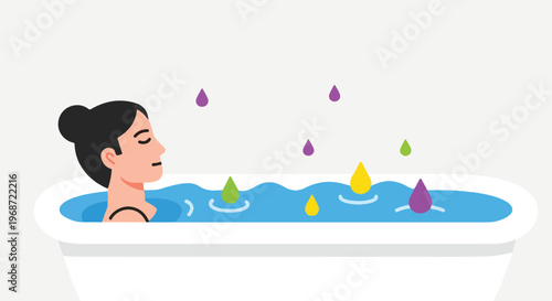 A woman relaxes in a white bathtub filled with blue water and falling droplets
