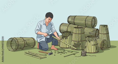 A man sitting on the ground crafting traditional bamboo fish traps by hand tools