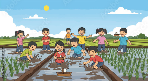 A group of happy children playing with toy boats in a muddy green rice field