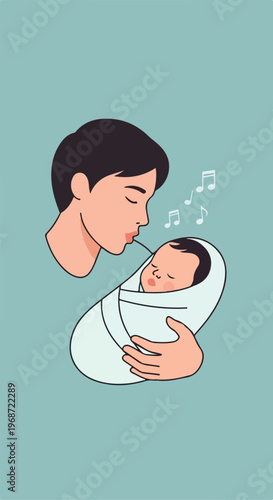 A flat vector illustration of a parent gently singing to their swaddled infant