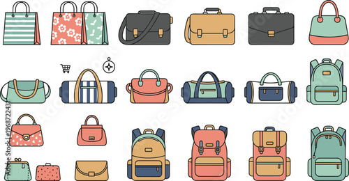 Flat cartoon style illustration set of twenty diverse fashion bags briefcases and backpacks for shopping and travel.
