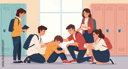 A group of concerned students comforting a crying boy sitting by school lockers
