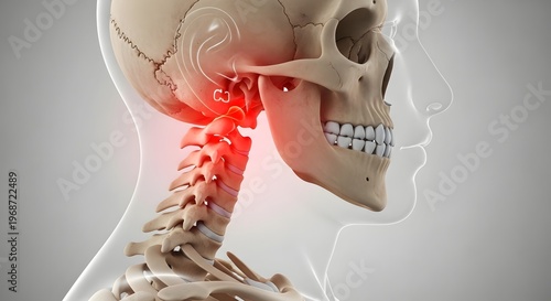 Jaw joint and upper neck vertebrae pain. Temporomandibular joint disorder and dentistry. Profile view of human skull with red inflammation at the ear and neck