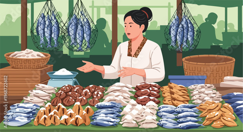 A woman stands at a bustling outdoor market stall selling a variety of seafood
