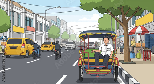 A man drives a pedicab along a busy street with cars, scooters, and a food stall