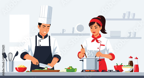 Two professional chefs in a commercial kitchen preparing fresh food and cooking