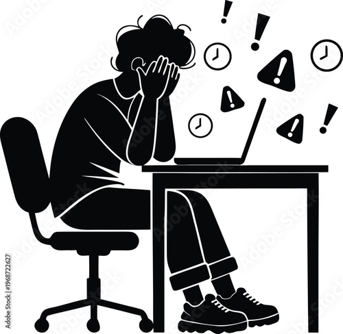 Overwhelmed worker at computer desk with exclamation and alert symbols, burnout black silhouette vector, flat illustration.