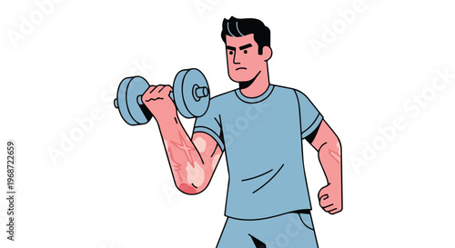 A man lifting a dumbbell with visible skin marks, shown in a clean flat style