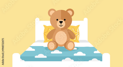 A cute brown stuffed bear sitting on a white bed with a blue cloud print sheet
