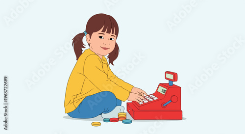 A young girl sitting on the floor playing with a small red toy cash register