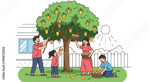 A happy family harvests yellow mangoes from a tree in their sunny backyard area