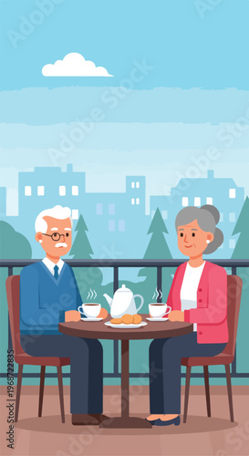 An elderly couple shares a warm cup of coffee and snacks on a balcony outdoors