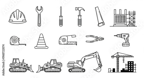 Construction tools and machinery icons set including hard hat excavator drill and crane on white background for industrial and building concepts