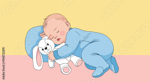 A cute baby in a blue onesie sleeping soundly while hugging a white plush bunny