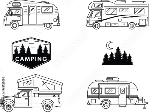 Collection of camping and travel vehicles vector icons set