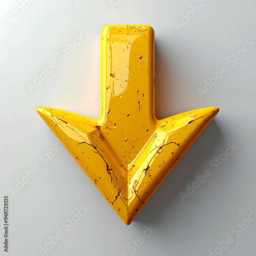 A vibrant, glossy yellow arrow points downward, cast with a 3D effect, set against a plain white background, appearing slightly textured