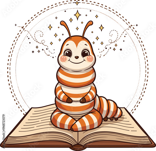 Cute cartoon caterpillar reading an open book illustration