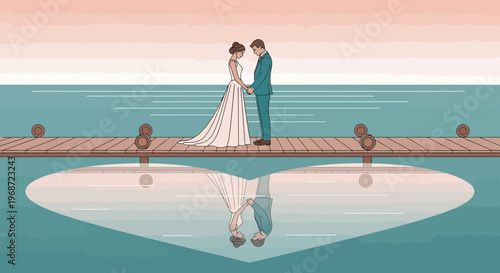 Wedding Couple Holding Hands on Pier Reflecting Heart in Water