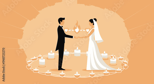 Wedding Couple Holding Hands Surrounded by Candles and Hearts Illustration