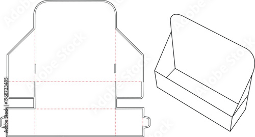 Technical drawing of a rectangular box with a hinged lid and handle design