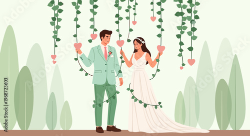 Wedding Couple Holding Heart Garland, Romantic Vows, Love Story Illustration