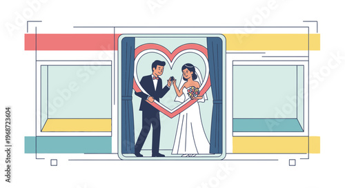 Wedding Couple Holding Heart Frame, Celebrating Love and Marriage