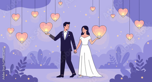 Wedding Couple Holding Heart Lanterns, Romantic Celebration, Love Story Illustration