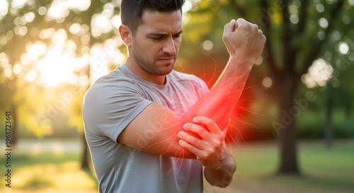 Elbow injury and arm muscle inflammation. Outdoor fitness and sports medicine care. Man in park holding painful arm with glowing red stress lines