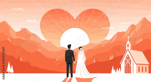 Wedding Couple Holding Hands at Sunrise with Heart-Shaped Sun and Church