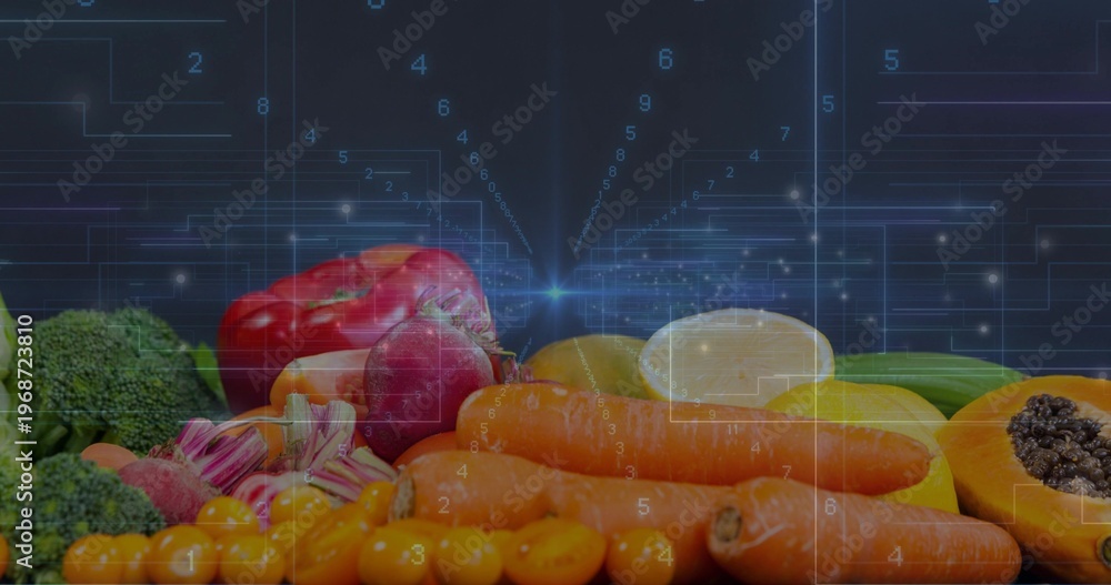 Obraz premium Displaying fresh produce on dark reflective surface at studio, showing carrots, papaya, HUD overlay