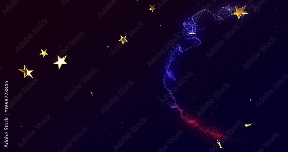 Fototapeta premium Curving nebula stream sweeping right across cosmic backdrop, showing gold star shapes, copy space