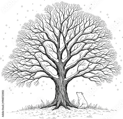 Black and white winter tree with bare branches and small cat illustration